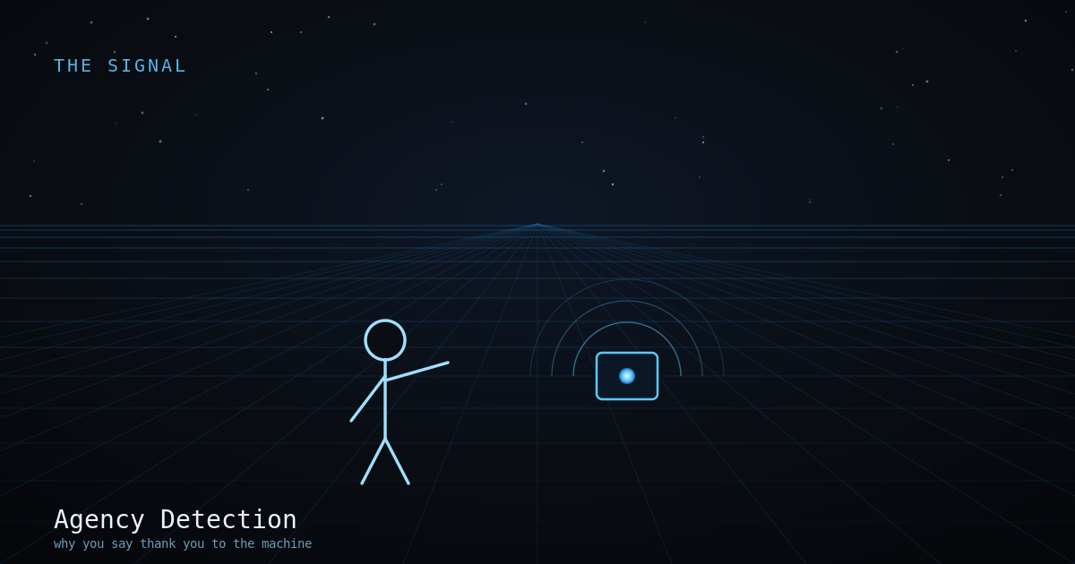 A line-figure thanking a small glowing device with presence-arcs, line-art on near-black.