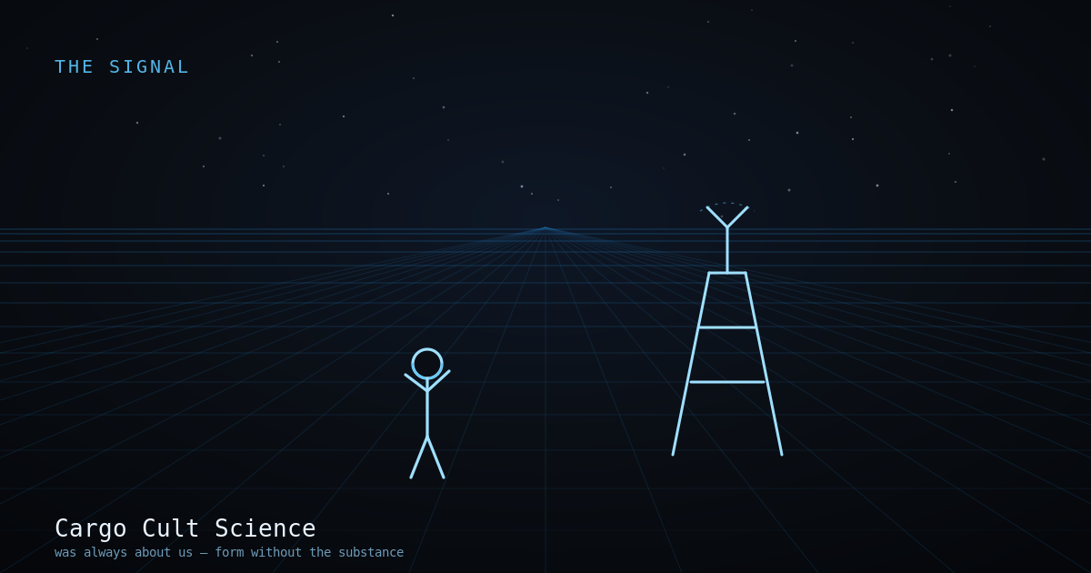 A figure in wooden headphones beside a bamboo control tower under empty sky, line-art.