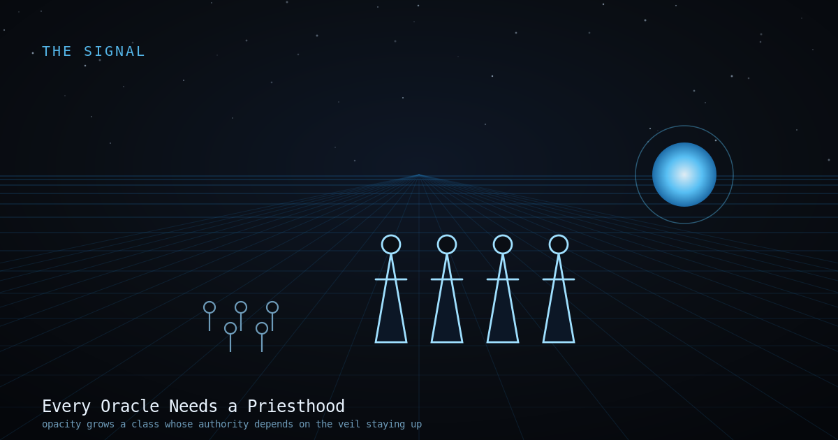 A glowing source behind a wall of robed priest-figures, a small crowd on the far side, line-art.