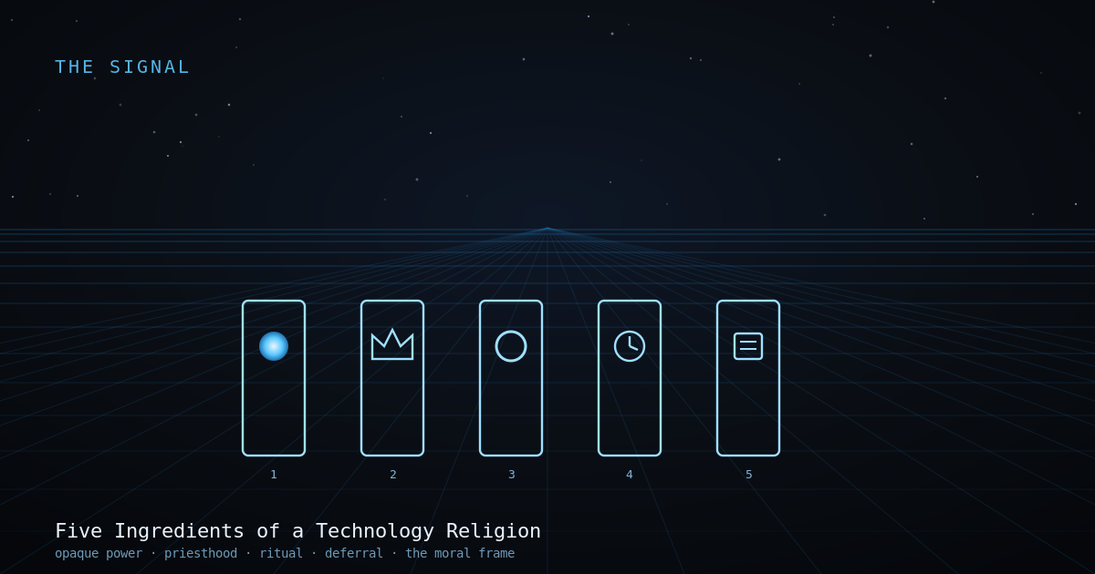 Five glyph-pillars in a row — eye, crown, ring, clock, scroll — line-art.