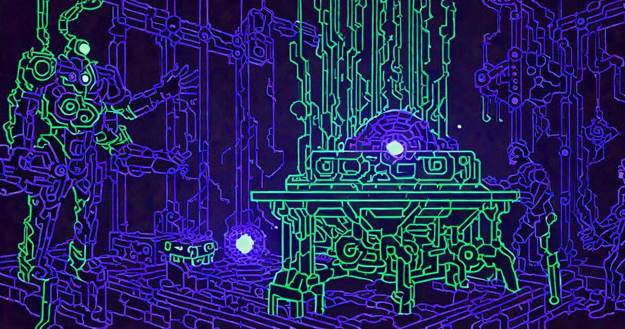 Golden mechanical attendants forged at a glowing forge in a blue circuit chamber.