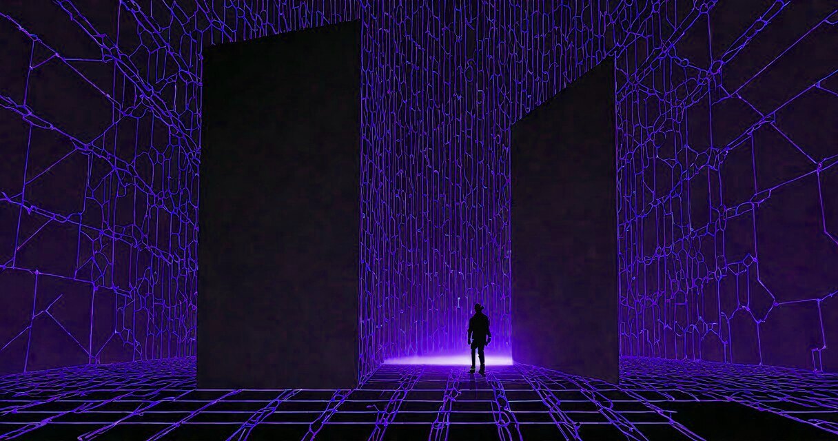 A small figure dwarfed beneath a towering glowing monolith in a blue cyber field.