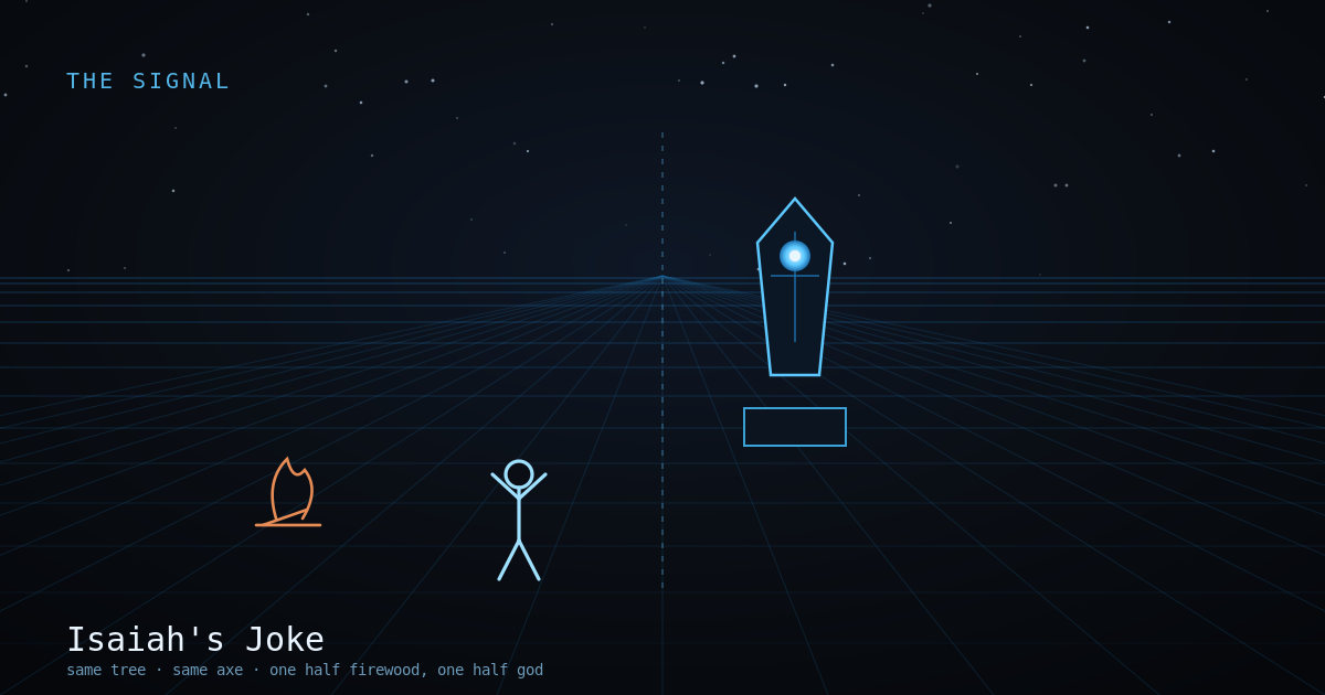 A figure between a fire and a glowing circuit-idol, a dashed seam down the middle, line-art on near-black.