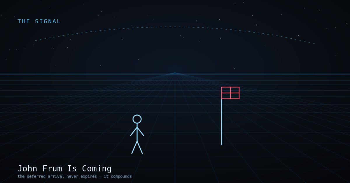 A lone figure facing the horizon, a flagpole with a red cross, a dashed flight path that never lands, line-art.