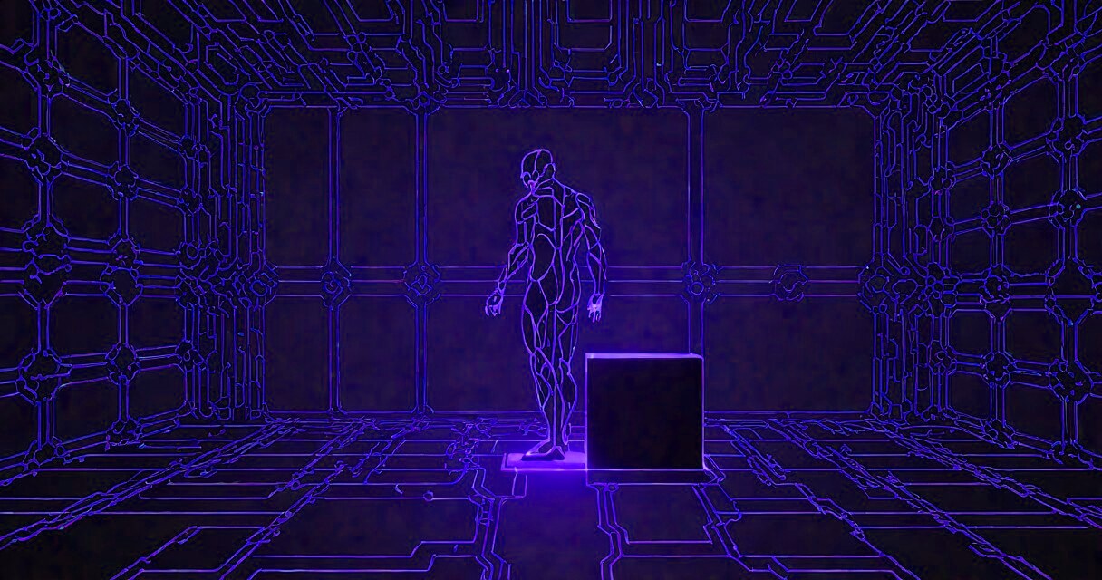 A glowing line-figure bowing beside a dark monolith in a blue circuit chamber.