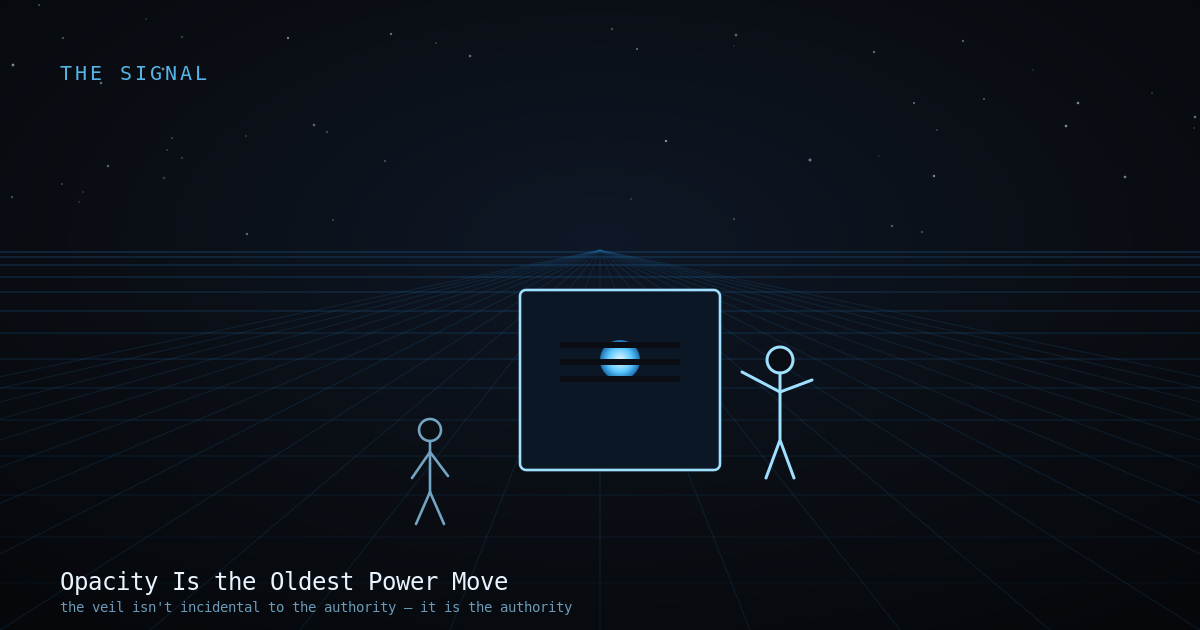 A sealed box with a glowing eye behind barred slits, a priest-interpreter beside it, a small supplicant below, line-art.