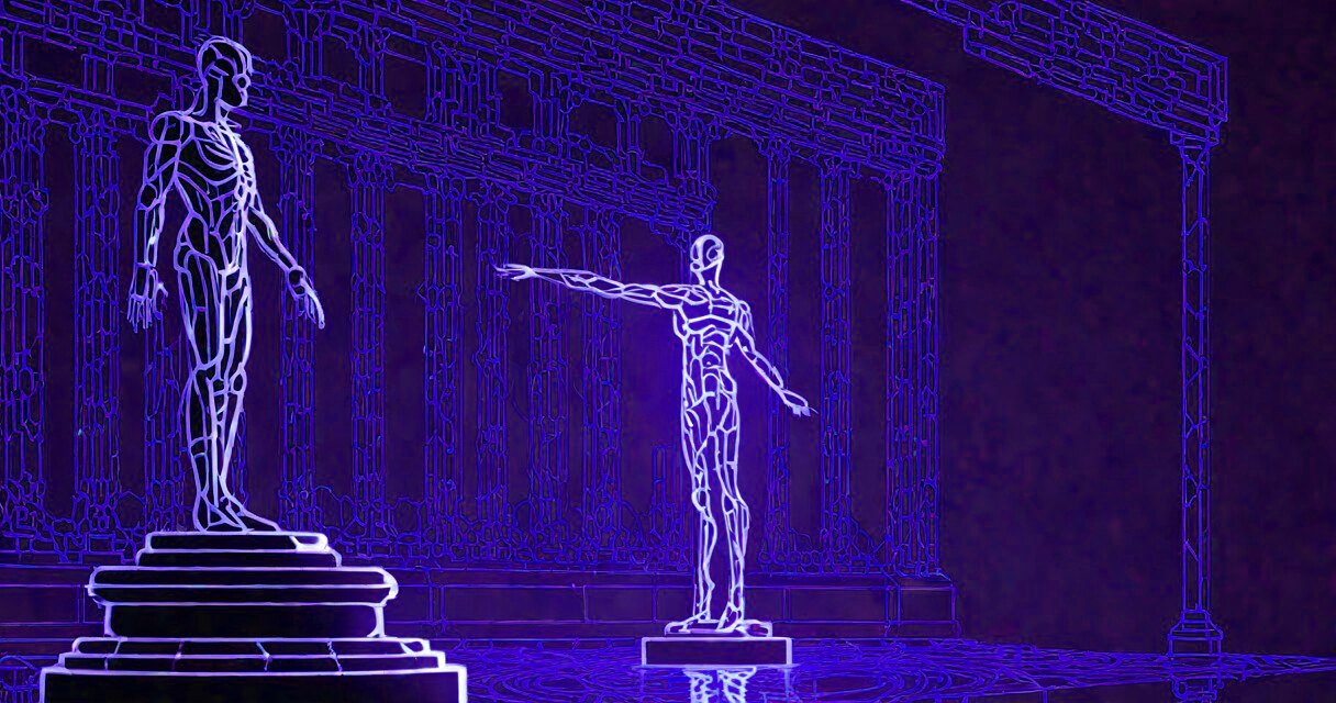 A figure reaching toward a glowing ivory statue that does not reach back, blue cyber chamber.