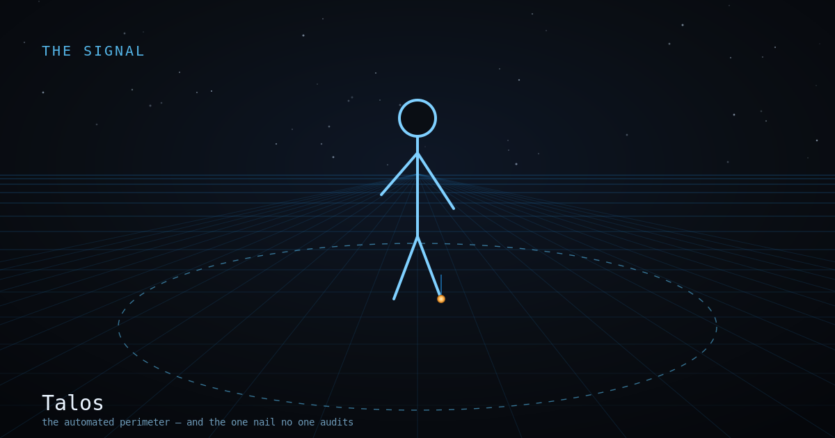A bronze line-figure guardian over a dashed island perimeter with one glowing seam, line-art on near-black.