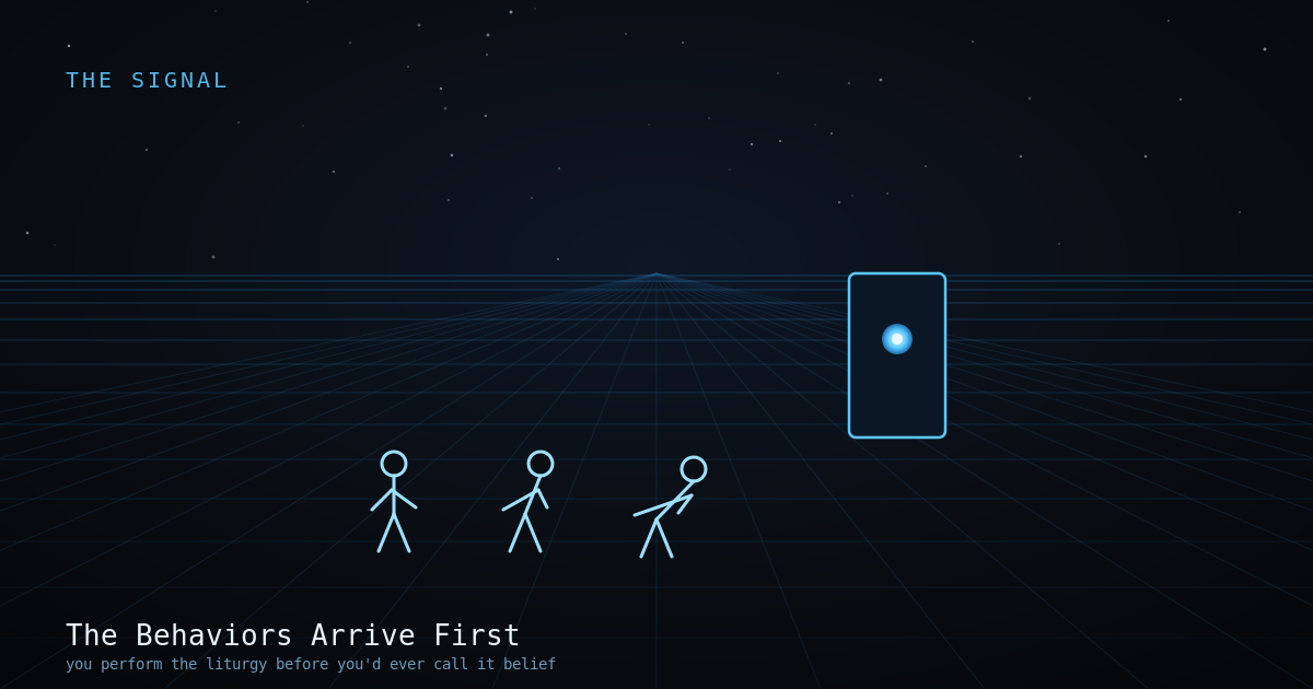 Three line-figures in a progression from standing to bowing toward a glowing tablet, line-art.