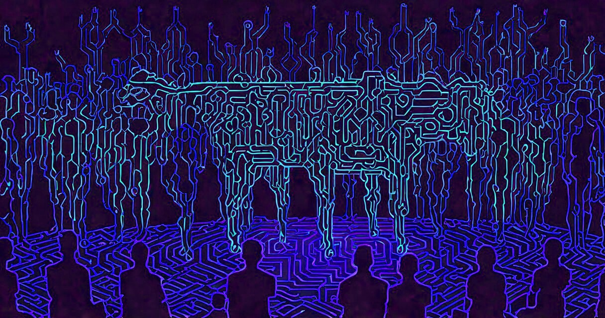 A crowd of line-figures casting a glowing circuit-calf idol on a pedestal in a blue cyber field.