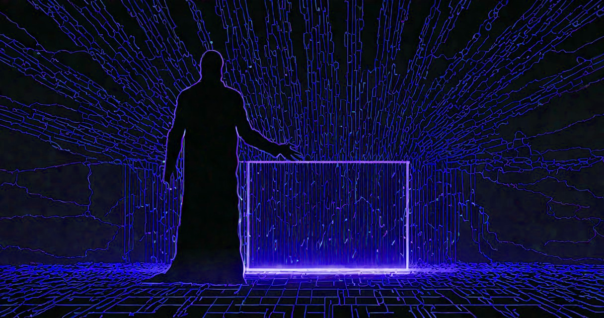 A lone figure before a sealed black-box oracle emitting a single beam of light over a blue cyber grid.
