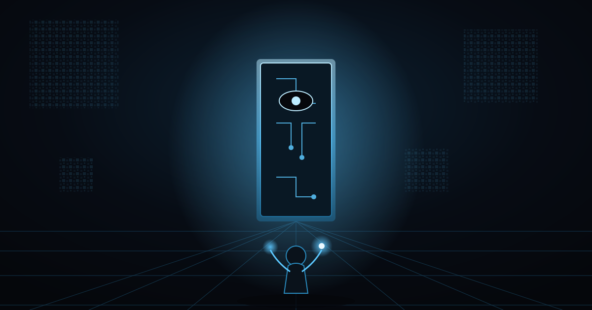 A lone figure forging a glowing idol of circuitry against a cyber sky.